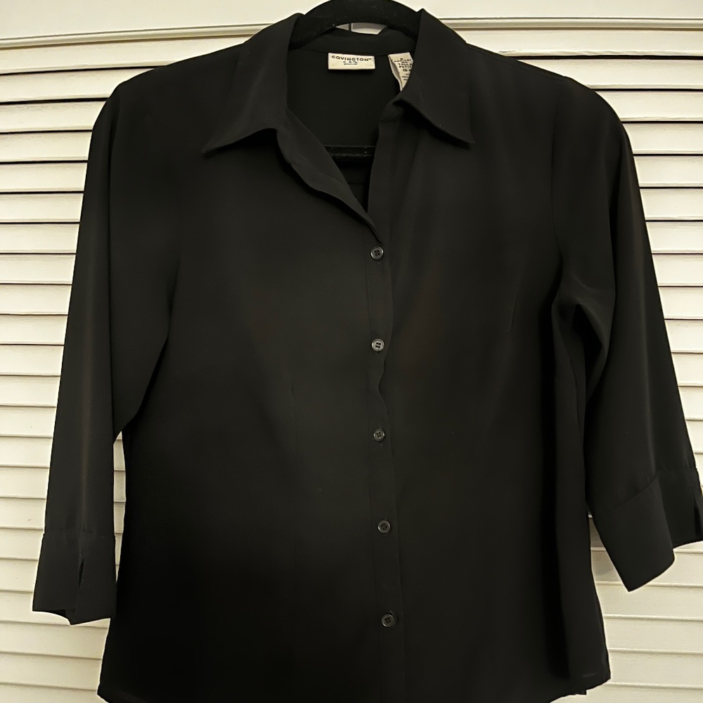 Black Elbow Sleeve Length Button Down Blouse